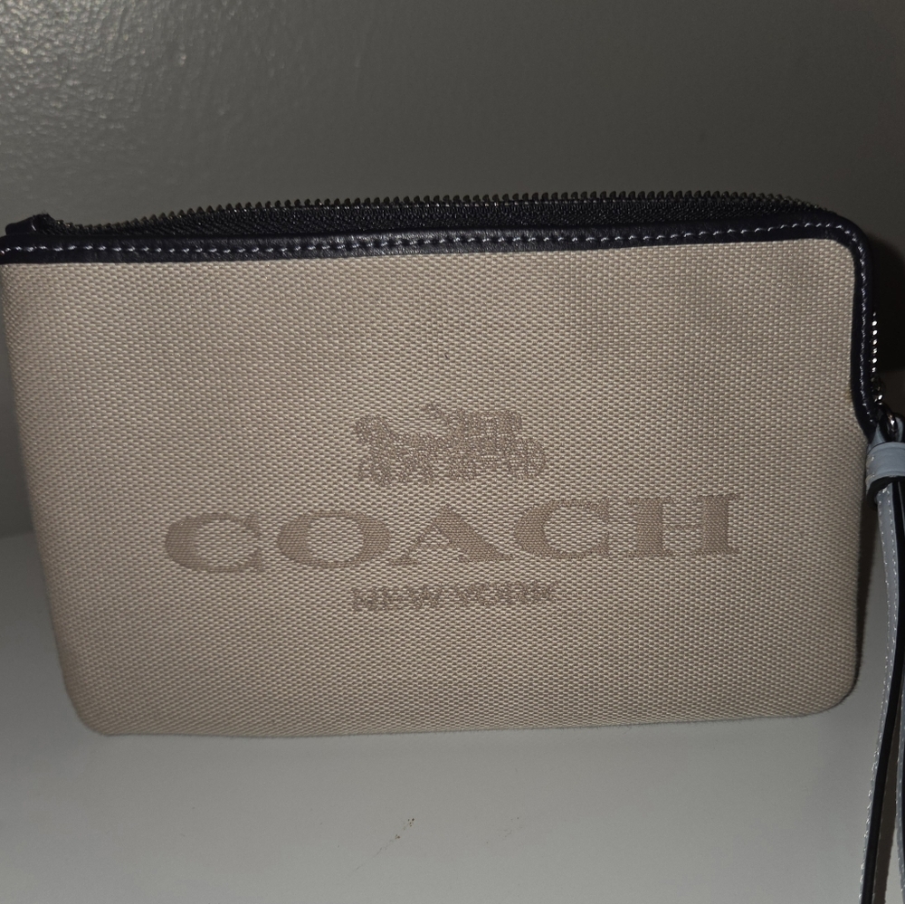 Coach Large Beige Corner-Zip Fabric Wristlet w Coachman Insignia